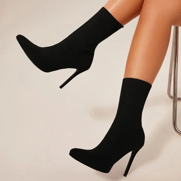 Zara Trafaluc Black Stretchy Sock Mesh Pointed Toe Ankle Boot Stiletto Heels - Picture 16 of 16